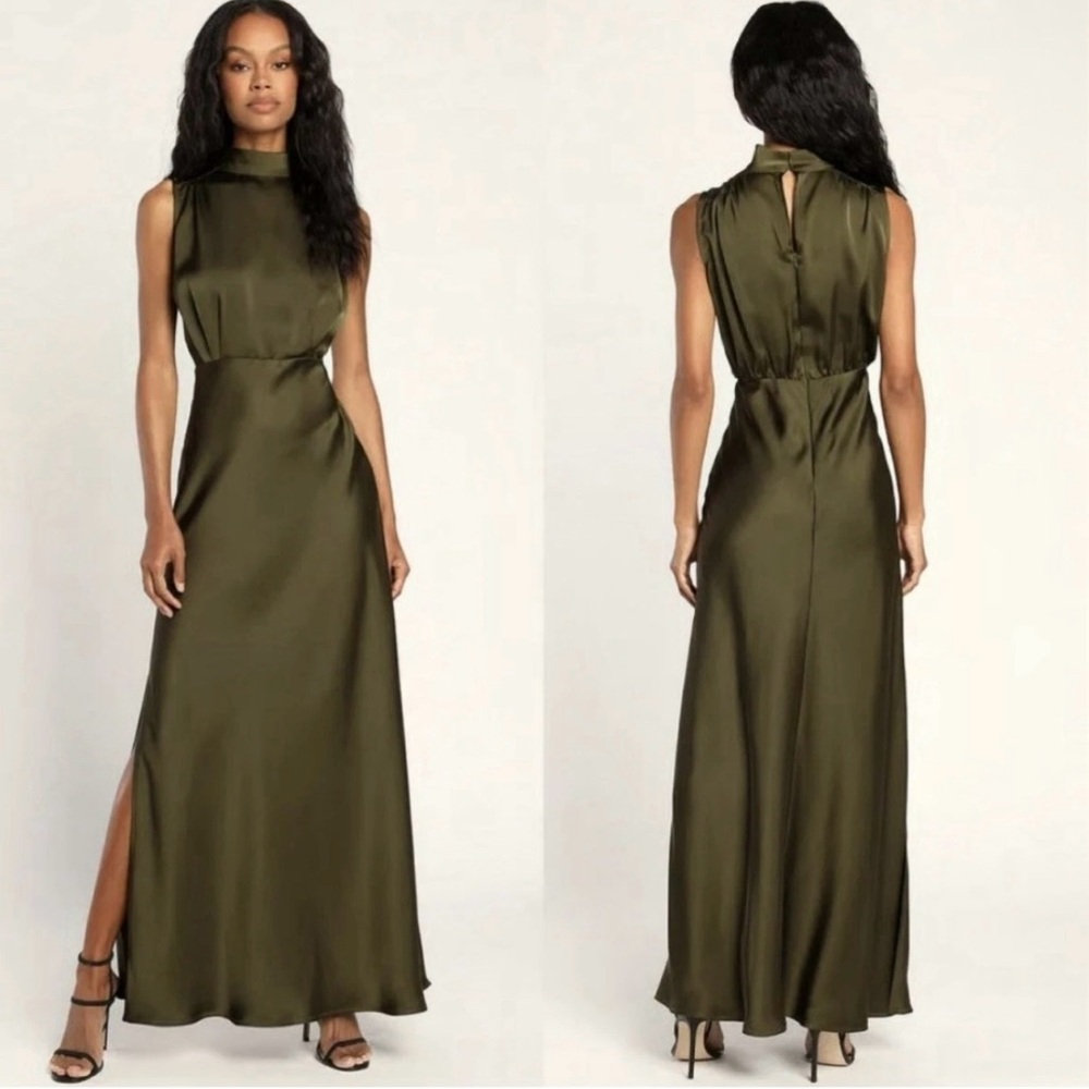 Lulus Olive Green Satin Maxi Dress Size M Mock Neck Sleeveless Elegant Whimsy